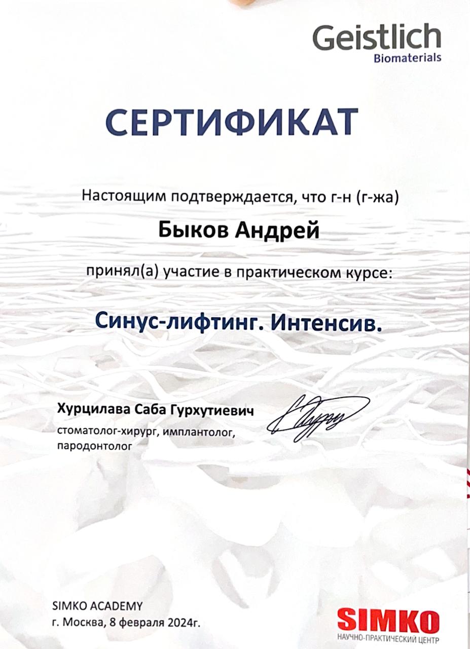 Сертификат — Быков Андрей Игоревич