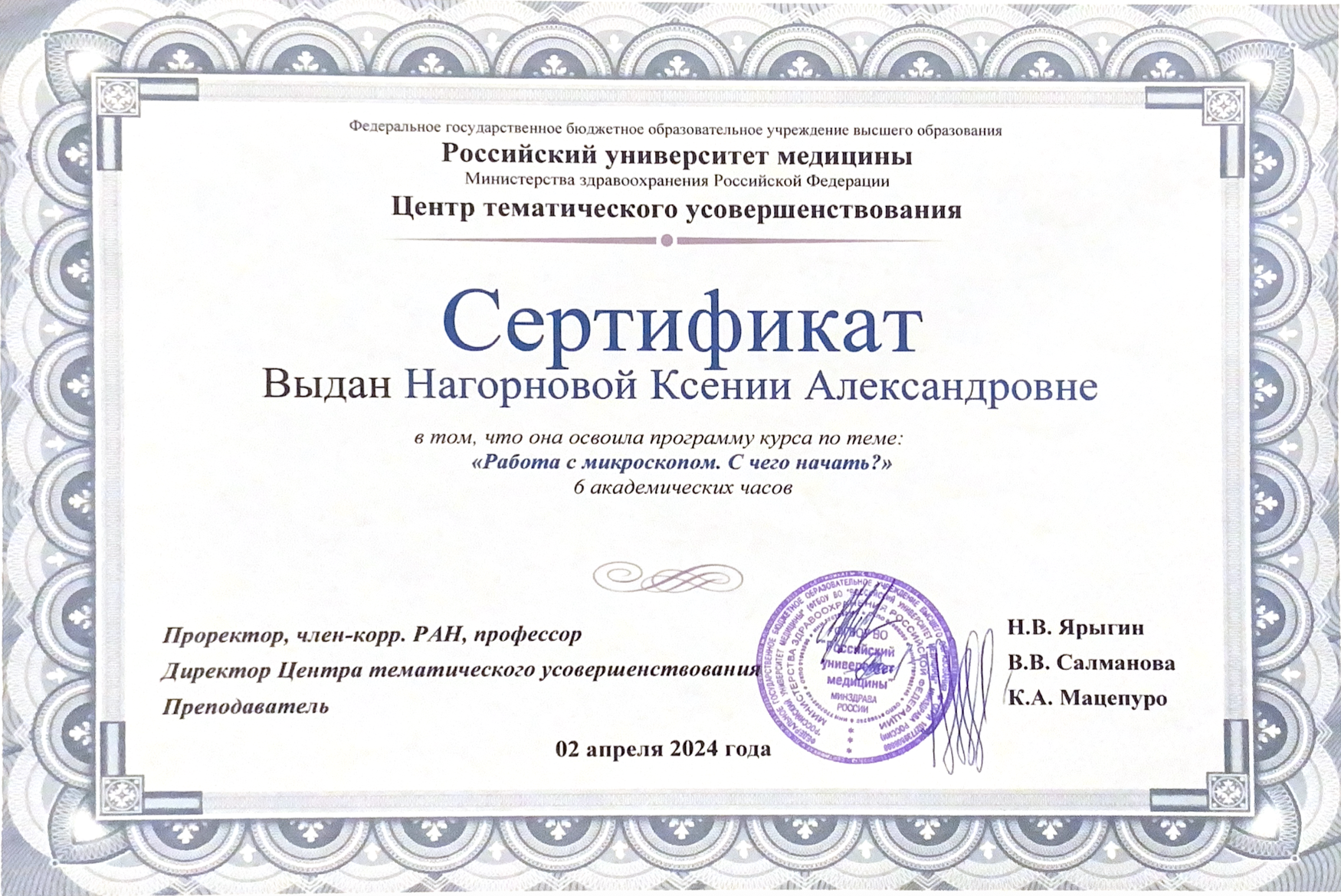Сертификат — Нагорнова Ксения Александровна