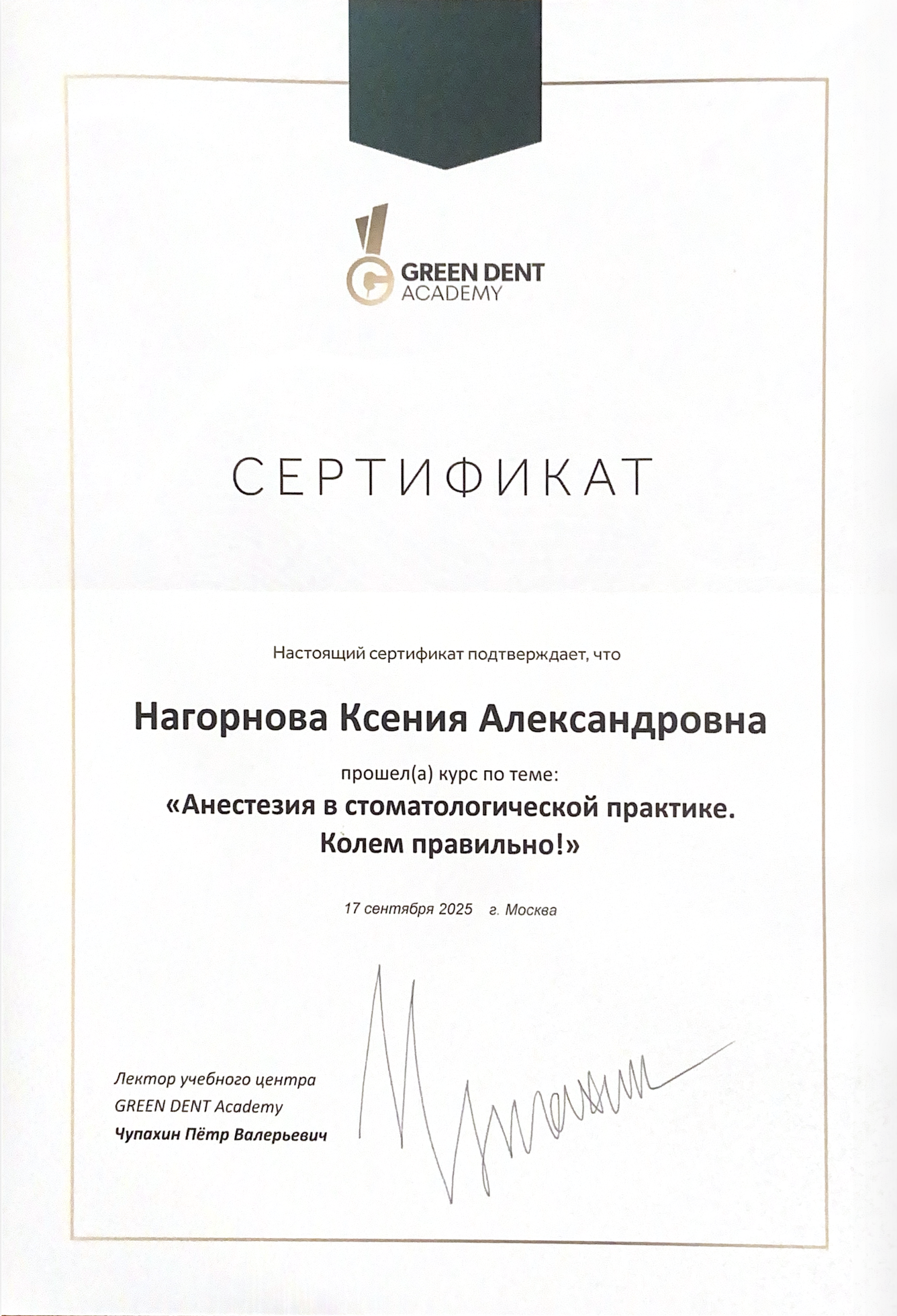 Сертификат — Нагорнова Ксения Александровна
